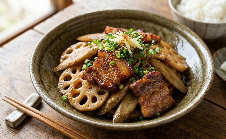 うなぎのタレアレンジの豚バラ肉と根菜の甘辛炒め