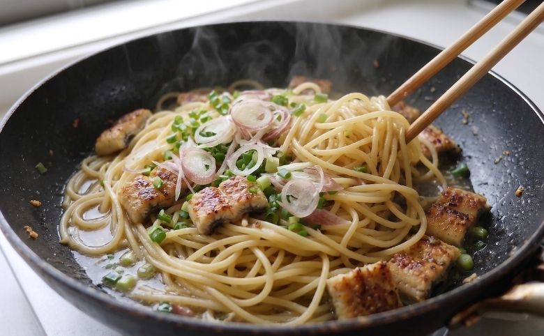 うなぎの白焼きパスタの作り方仕上げ